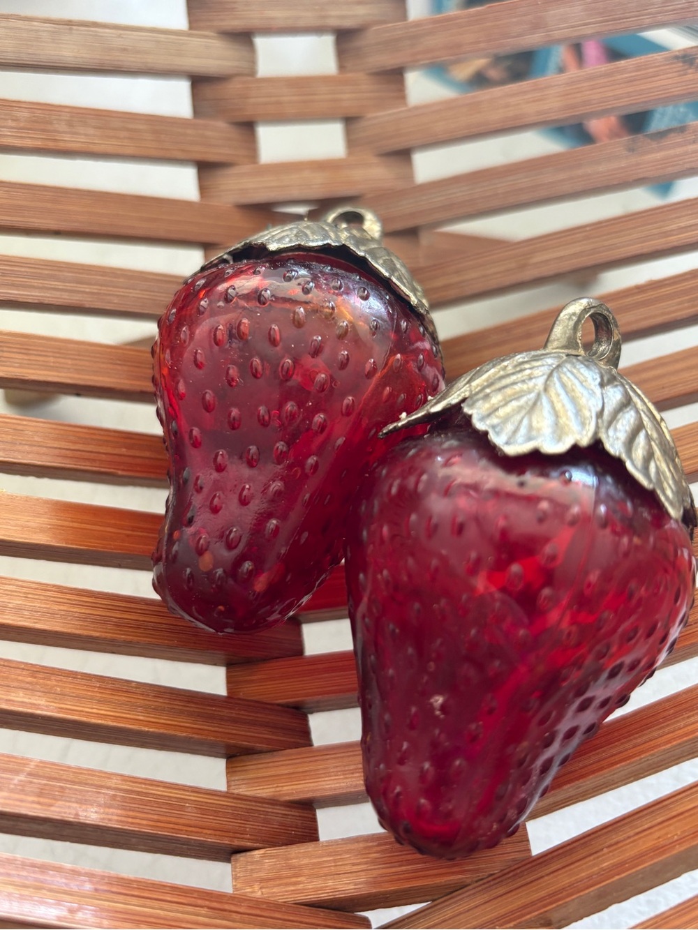 Vintage Glass Red Strawberry Salt & Pepper Shakers with Brass Leaf Caps - Picture 7 of 8